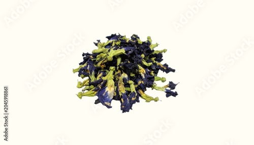Small Pile of Dry Blue Butterfly Pea Flowers Beautifully Isolated Over a Plain White Background