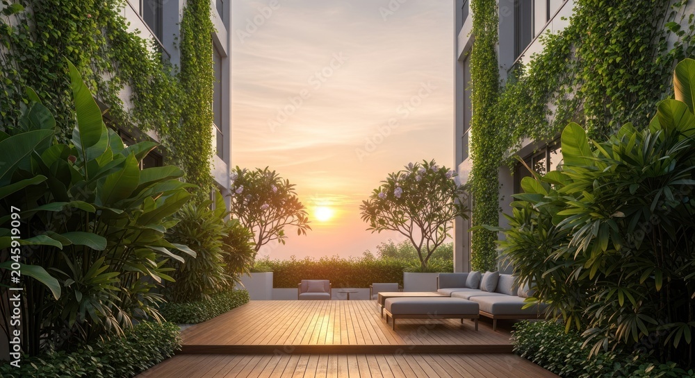 Fototapeta premium Serene outdoor lounge at sunset hour.