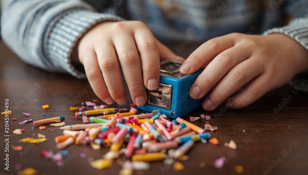Obraz premium There is a child that is playing with colored pencils on the table