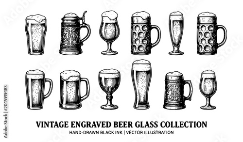 Foto Vintage Beer Mug and Glass Collection Hand Drawn Ink Vector Illustration Set