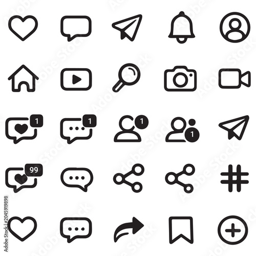 Modern social media icon set featuring communication, notifications, sharing, and user interaction symbols.
