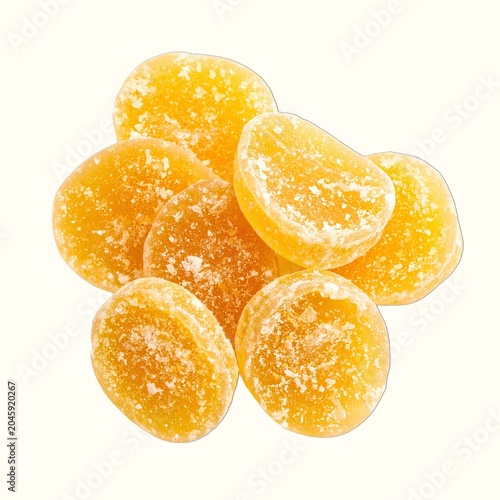 Small Pile of Sweet Chewy Slices of Candied Crystallized Ginger Isolated on a White Background