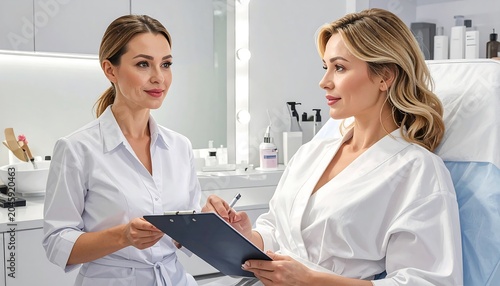 Woman consults with clinician in a bright, modern aesthetic clinic. Woman in robe holds clipboard