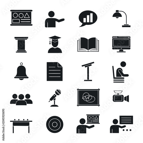 Professional education and presentation icon set featuring teaching, learning, communication, and classroom tools.