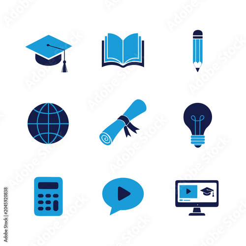 Modern education icon set featuring academic symbols, learning tools, and digital learning elements in blue tones.