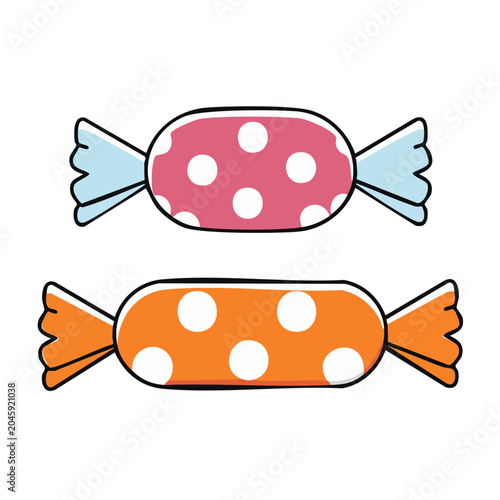 Two colorful candies with white polka dots