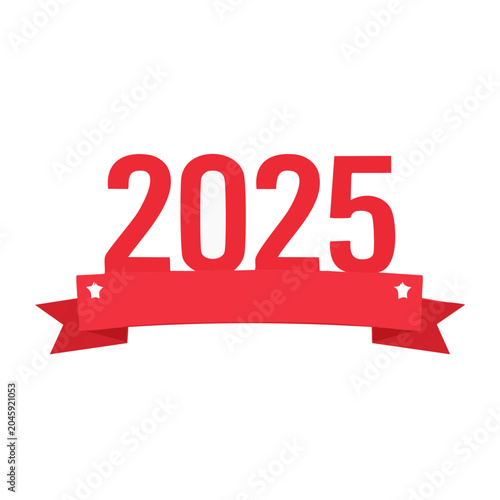 Red ribbon with 2025 year number on white background