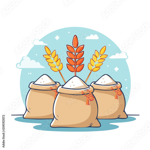 Three sacks of flour with wheat ears illustration