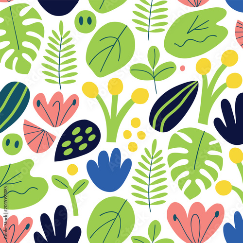 Playful botanical pattern featuring colorful leaves, flowers, and nature-inspired illustrations in a modern flat style.