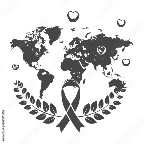 World map with awareness ribbon and hearts