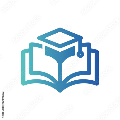 Modern education logo featuring an open book and graduation cap symbolizing learning and academic achievement.