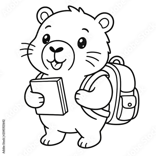 Cute School Animal Coloring Page with Backpack and Book