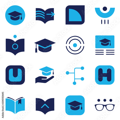 Modern education icon set featuring learning, graduation, books, and academic symbols in blue tones.
