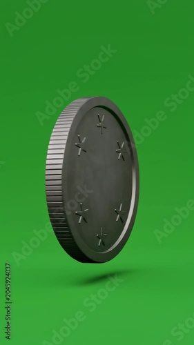 Seamless rotating silver coin with abstract star imprints on green background, symbolizing currency, finance, investment, wealth, and opportunity