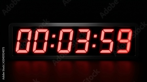 Digital clock displaying 00 hours 03 minutes and 59 seconds with red glowing numbers on a black background