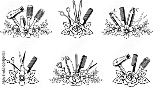 Cuadro en lienzo Set of elegant hand-drawn beauty salon compositions with hair styling tools and floral elements featured in image_41feb5