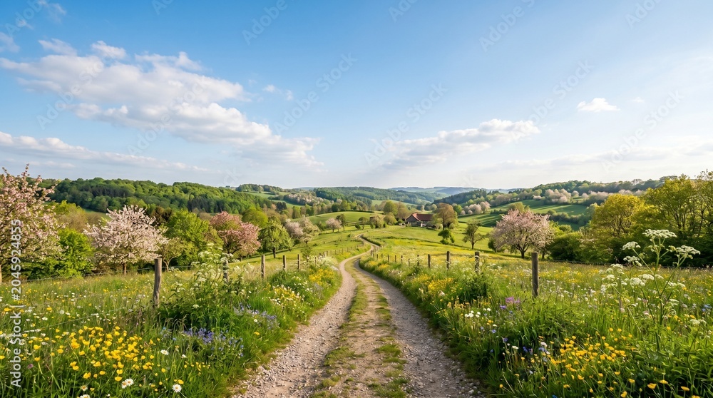 Naklejka premium Idyllic Countryside Landscape with Winding Dirt Road Through Blooming Wildflowers and Green Rolling Hills Under a Blue Sky