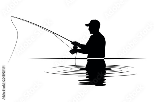Quadro su tela Fishing silhouette a black silhouette of a man fly fishing in calm water at dusk