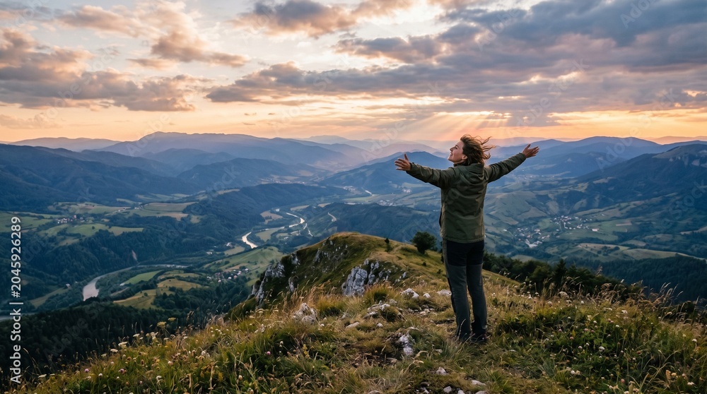 Obraz premium Woman with arms outstretched on mountain peak at sunset enjoying breathtaking panoramic view of valley and river