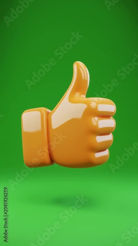 Animated orange thumb up icon, isolated on vibrant green background, subtle shadow, modern 3D render, symbolizing approval, positivity, and agreement