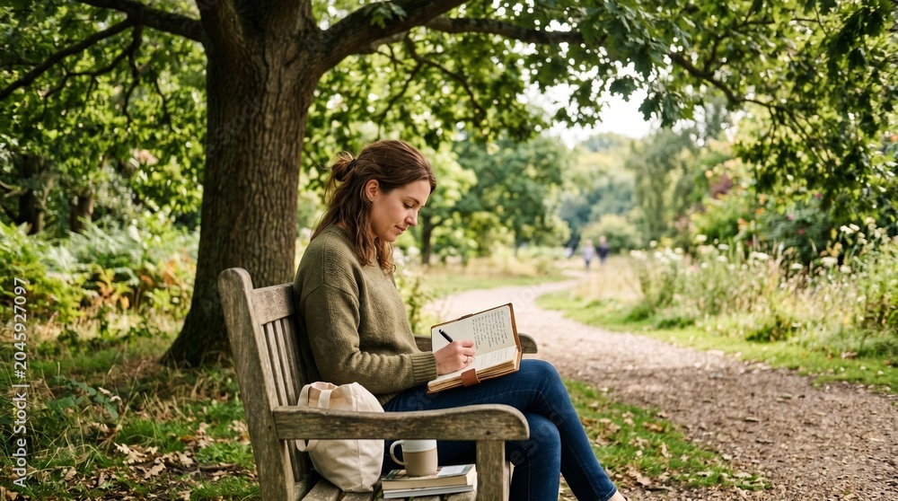 Fototapeta premium Young woman sitting on a park bench writing in a journal surrounded by lush green trees and foliage on a sunny day
