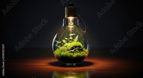 Glowing light bulb, miniature garden, moss, indoor plants, eco-friendly