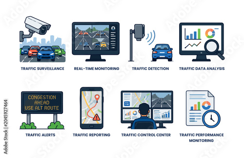 Smart traffic management system icons for urban mobility and transportation