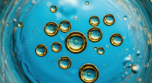 Golden Bubbles, Water Droplets, Blue Background, Shimmering Liquid