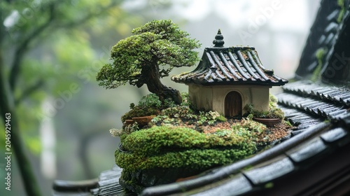 Miniature Zen garden nestled on a roof