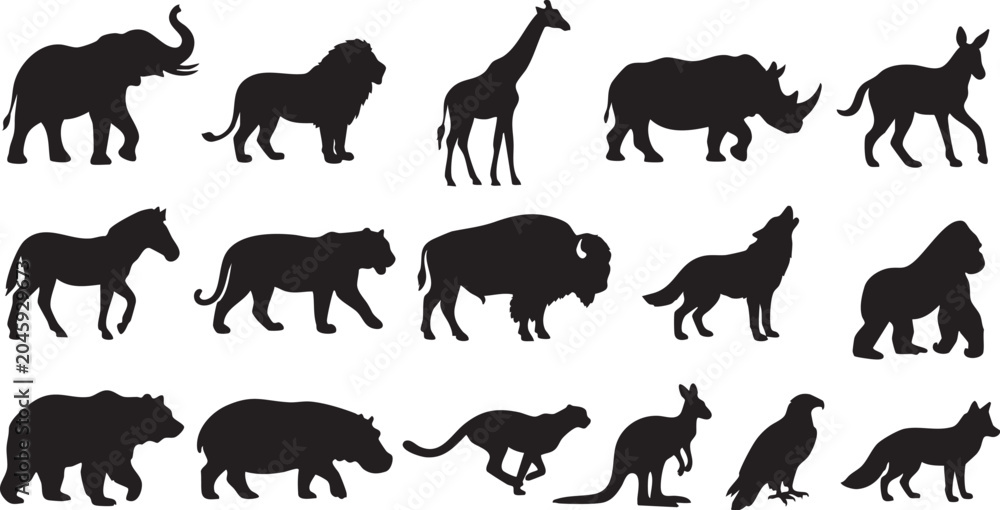 Fototapeta premium wild animal silhouette set, black safari vector elements
