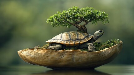 Turtle with bonsai tree.  A small turtle sits atop a miniature bonsai tree in a natural shell-like planter.  Peaceful and serene image