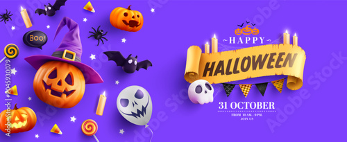 Fotografija Halloween Promotion Poster or banner template with halloween pumpkin,Witch Hat,Ghosts,bats, skulls,candy,candles and festive decorations