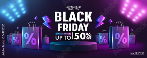 Photos Black Friday Sale Banner with Shopping Bags and Discount Symbols,Neon Lights and