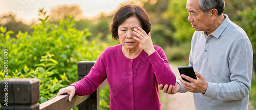 East Asian senior woman experiencing sudden vision problem or headache in a park. Concerned spouse supporting his wife and holding a smartphone for medical assistance
