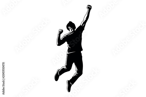 Obraz na plátne Energetic silhouette of a young man jumping with arms raised in exuberant celebr