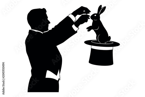 Foto Magician's silhouette a classic illusion of pulling a rabbit from a top hat