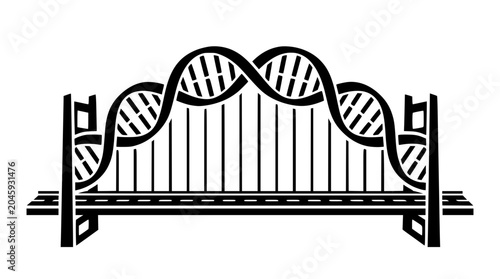 Monochromatic vector art of a distinctive bench with a double helix DNA backrest, symbolizing the intricate connection between genetic biology and urban design