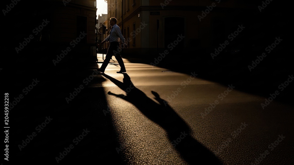 Fototapeta premium Silhouette of a person walking in sunlight casting a dramatic shadow