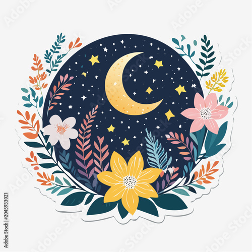 Whimsical moon and floral wreath illustration