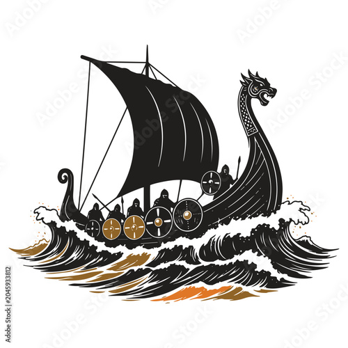 Bild auf Leinwand vintage viking longship sailing on stormy ocean waves with dragon figurehead ill