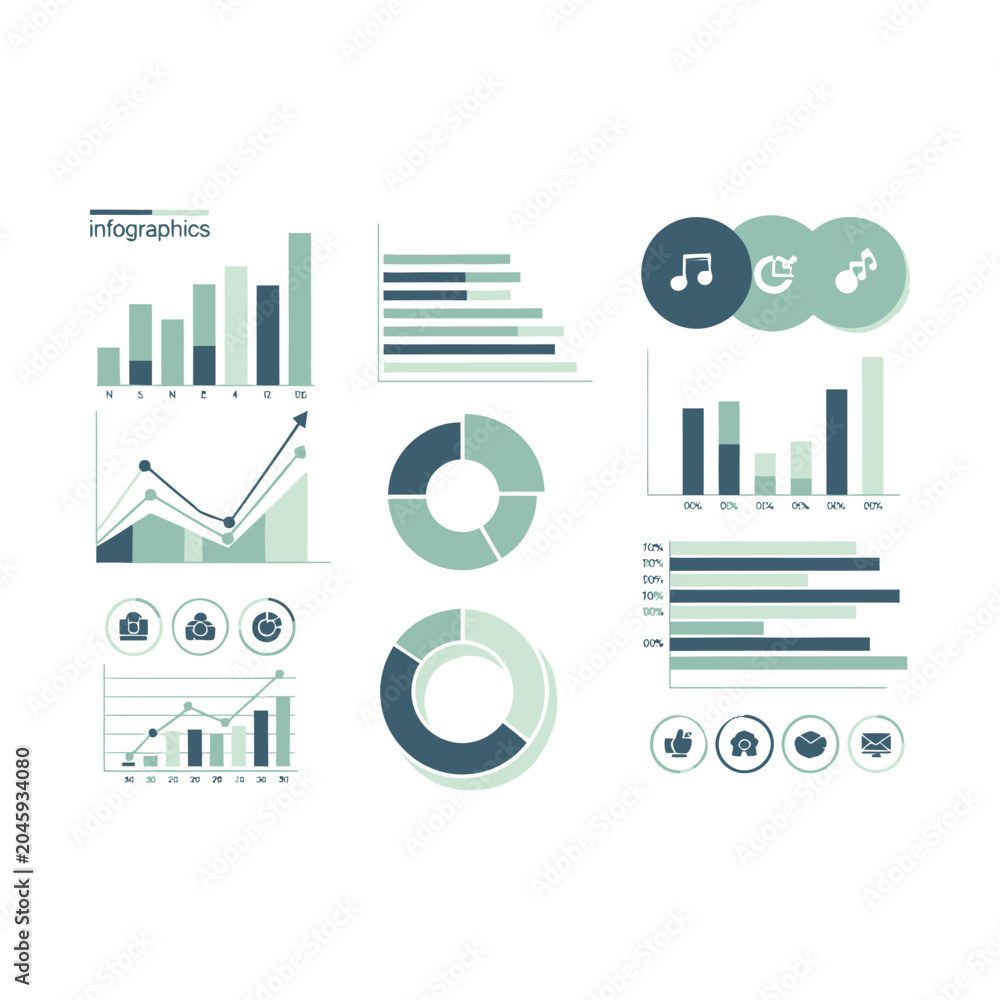 Obraz premium Modern infographic vector set with professional business charts and data visualization elements. Teal and green financial dashboard graphics, bar graphs and circular donut diagrams.