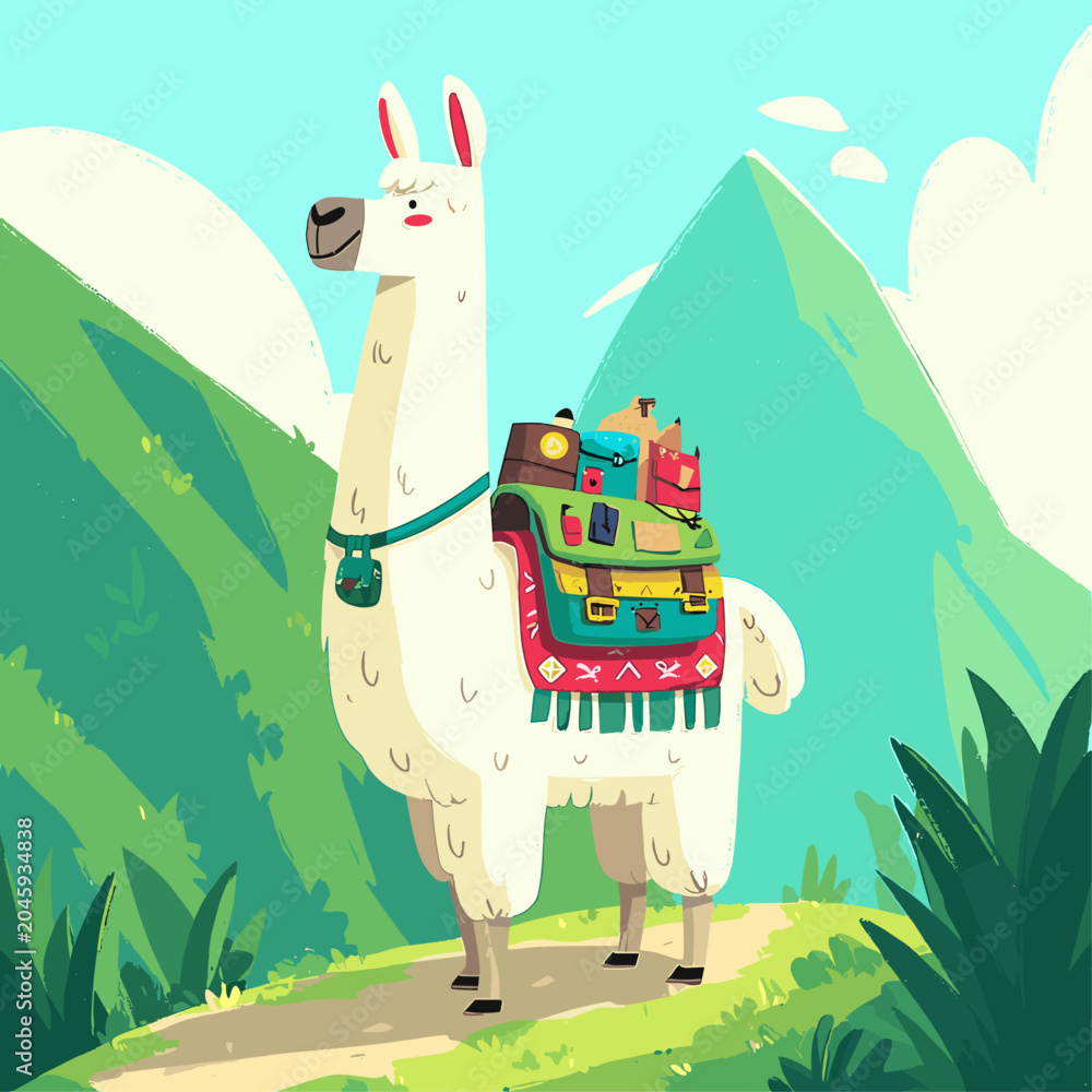 Fototapeta premium Alpaca with Colorful Saddle Pack Trekking on Mountain Trail