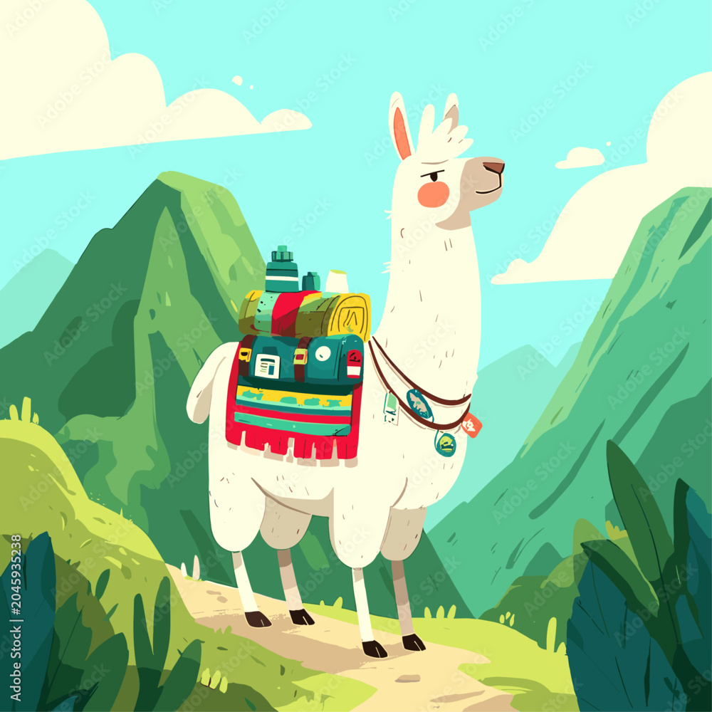 Fototapeta premium Alpaca with Colorful Saddle Pack Trekking on Mountain Trail