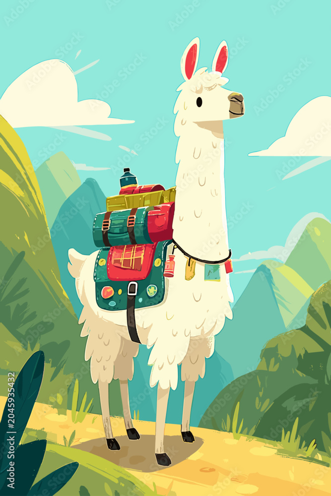 Fototapeta premium Alpaca with Colorful Saddle Pack Trekking on Mountain Trail