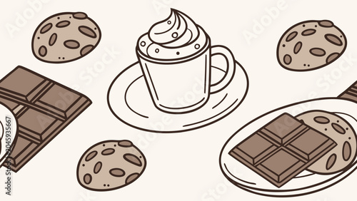 Delicious desserts, chocolate treats, cookies, and coffee, sweet food and drink illustration