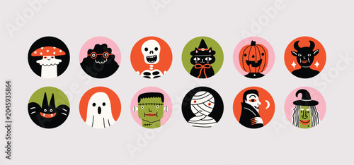 Foto Set of funny handdrawn simple Halloween avatars