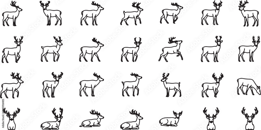 Fototapeta premium Collection of Deer Silhouettes in Line Art Style for Seasonal and Wildlife Designs