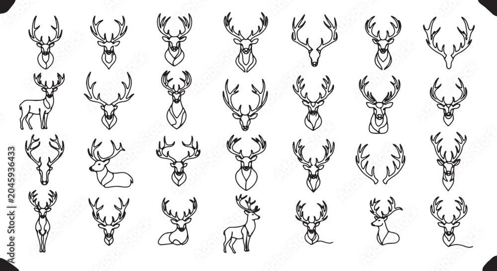 Obraz premium Minimalist Continuous Line Art Deer and Antler Silhouettes Vector Illustration Set