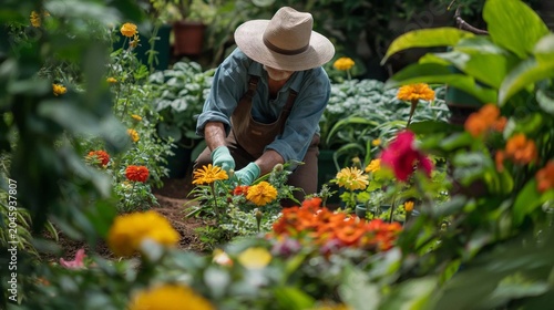 A gardener wearing gloves and a sunhat, carefully placing colorful flowers into the soil in a garden