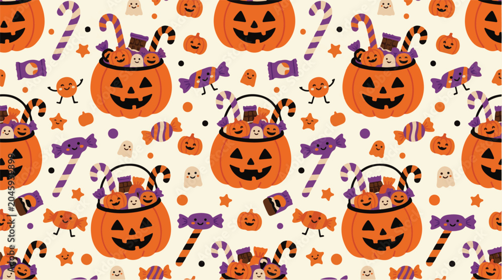 Obraz premium Halloween cute pumpkin bucket candy trick or treat seamless pattern